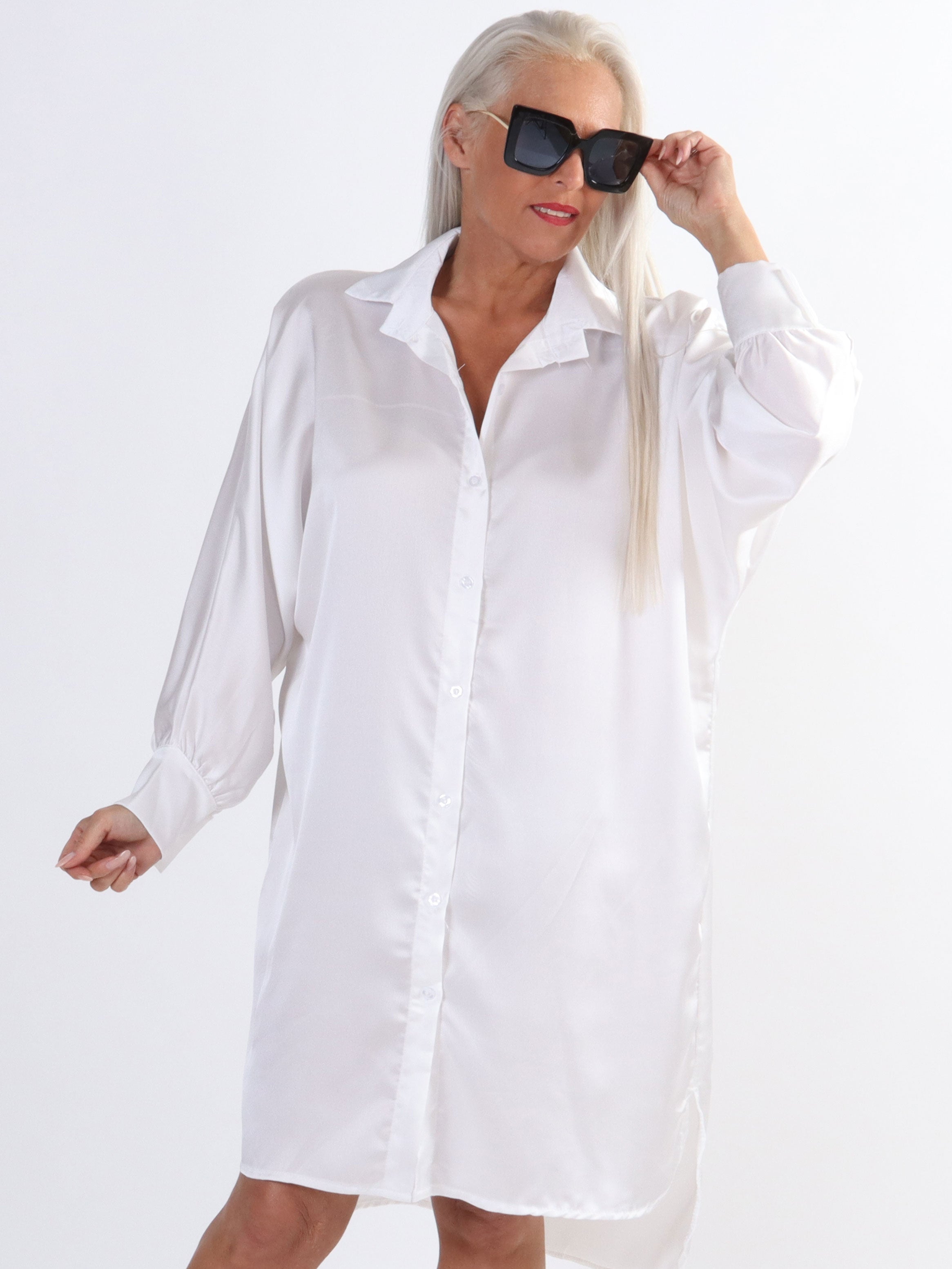 Hassel - Fin plus size skjortklänning i sidenlook - White